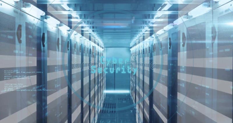 Image of cyber security text, digital data processing over computer servers. Global cyber security, connections, computing and data processing concept digitally generated image.