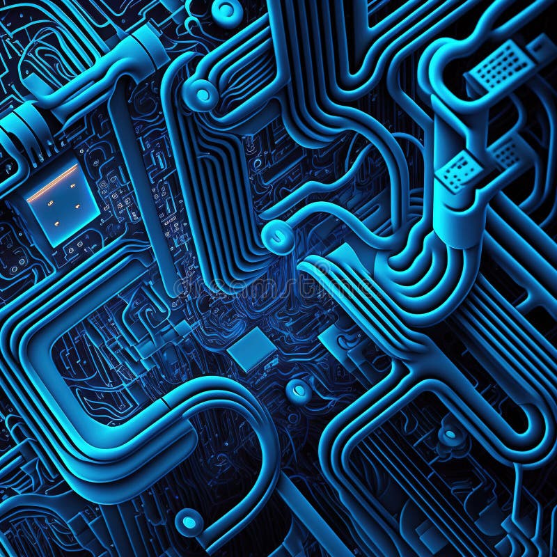 Image of 3d computer circuit board and blue light trails on dark background vector illustration