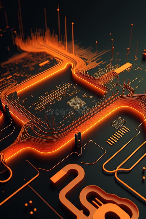 Image of 3d computer circuit board and orange light trails on dark background royalty free illustration