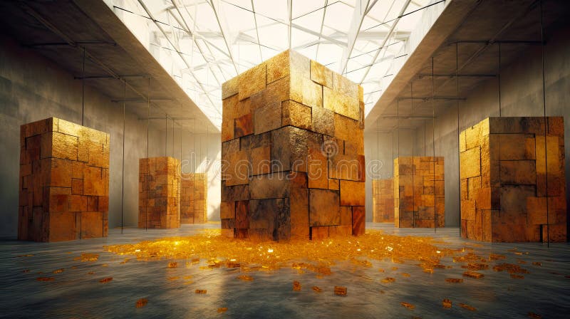 Image 3d de la pièce avec des cubes en pierre géants surfaces frises or ambre puces ciment poli. ai génératif illustration libre de droits