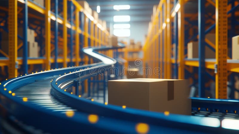 An image in 3D depicts a conveyor belt with boxes to show an automated warehouse logistics system, emphasizing automatic stock photos