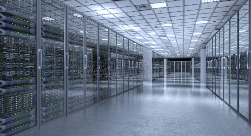Image 3d render of a modern database server room royalty free illustration