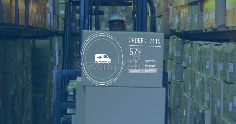 Image of data processing against biracial male worker operating a forklift at warehouse royalty free stock photos