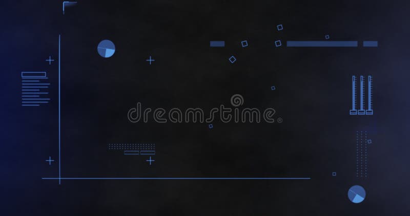 Image of data processing with blue markers with glitch on black background stock illustration