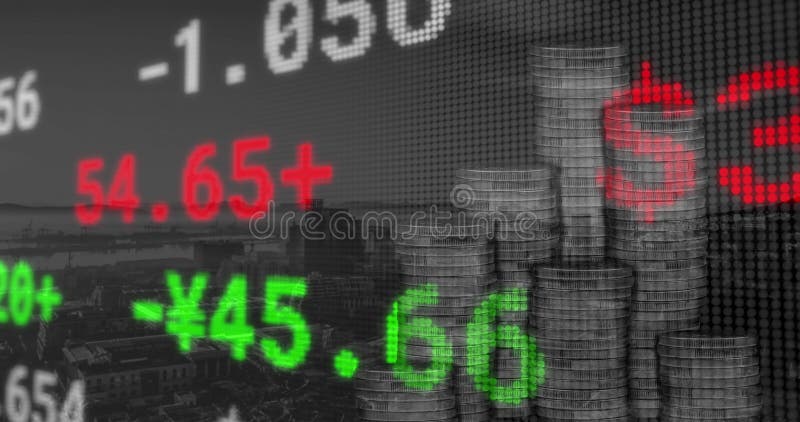 Image of data processing and coins over cityscape. Global business and digital interface concept digitally generated image