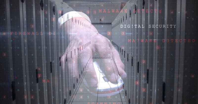 Image of data processing cyber attack warning over man using mouse and computer servers royalty free stock photos