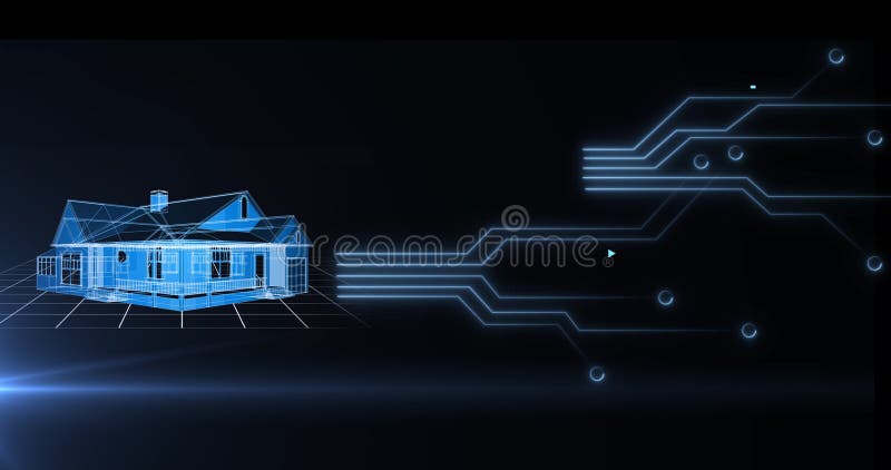 Image of data processing with 3d house model over computer circuit board royalty free illustration