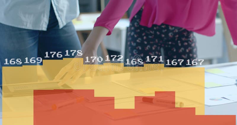 Image of data processing and diagrams over diverse colleagues with blueprints in office royalty free stock photo