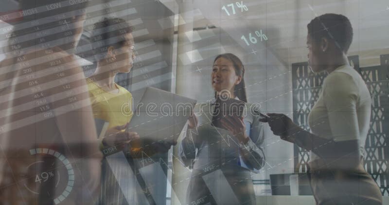 Image of data processing and diagrams over diverse colleagues discussing work. Global business, teamwork and digital interface concept digitally generated image.