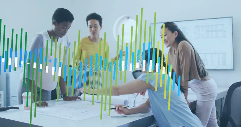 Image of data processing and diagrams over diverse colleagues discussing work in office royalty free stock image