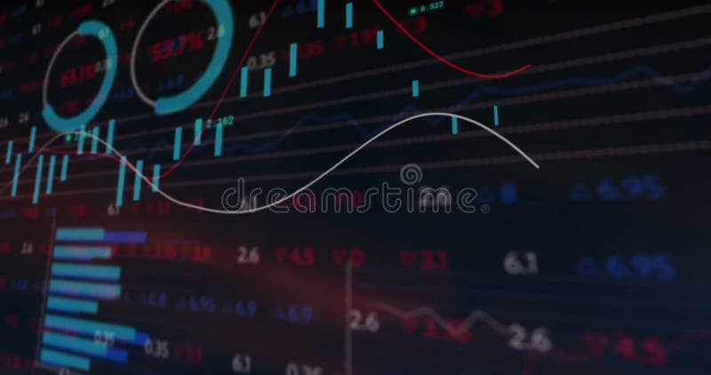 Image of data processing, diagrams and stock market over black background stock photos