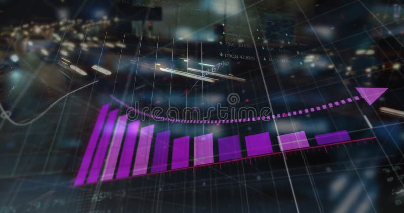 Image of data processing, diagrams and stock market over city at night royalty free stock image