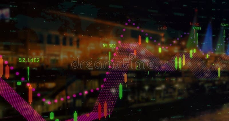 Image of data processing, diagrams and stock market over cityscape royalty free stock images