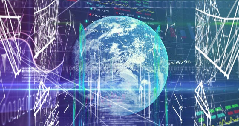 Image of data processing, globe and connections on navy background. global data processing, network, computers and technology concept digitally generated image.