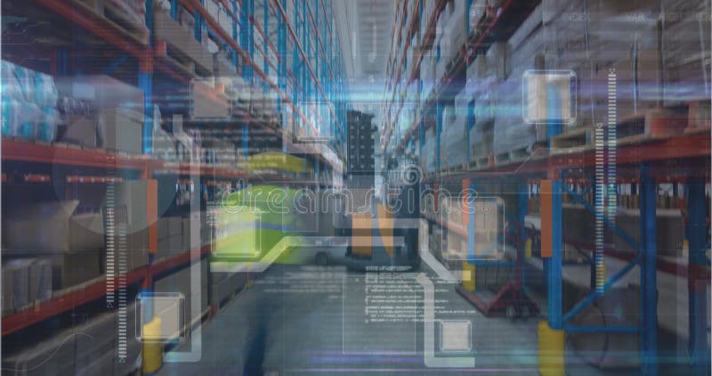 Image of data processing and integrated circuit over warehouse royalty free stock image