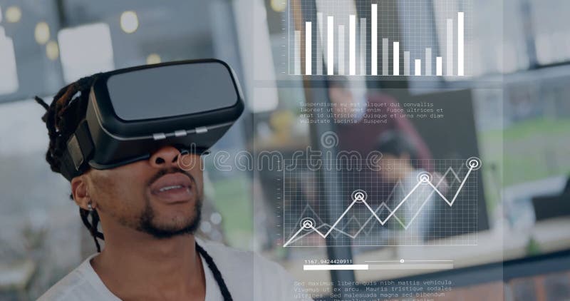Image of data processing over african american businessman using vr headset stock image