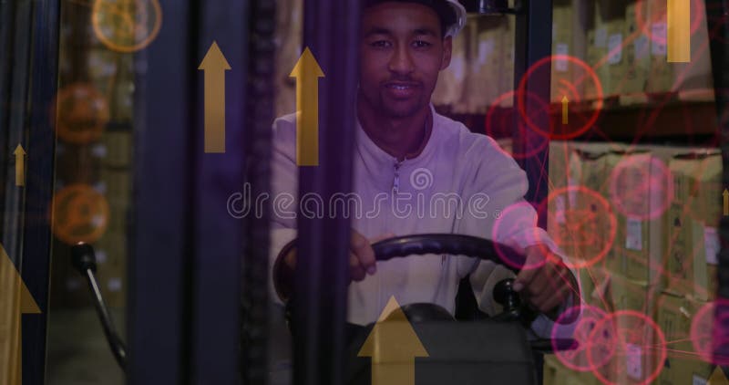 Image of data processing over african american male worker in warehouse royalty free stock photo