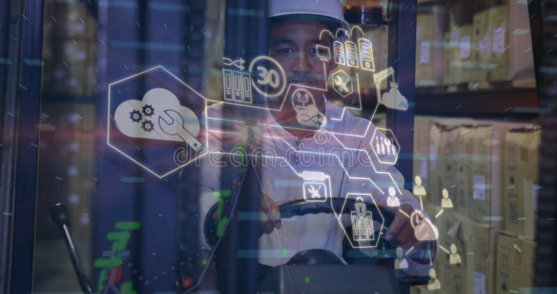 Image of data processing over african american male worker in warehouse stock photos