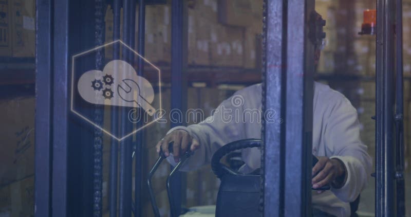 Image of data processing over african american male worker in warehouse royalty free stock photo