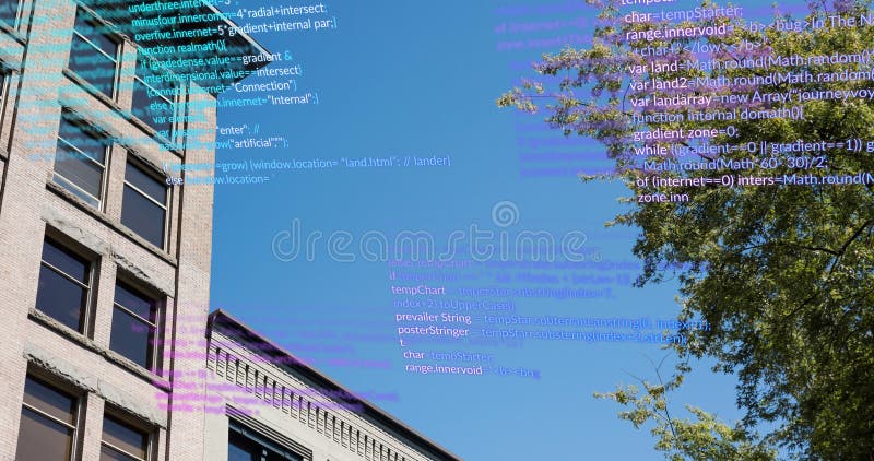 Image of data processing over building, tree and sky royalty free stock photography