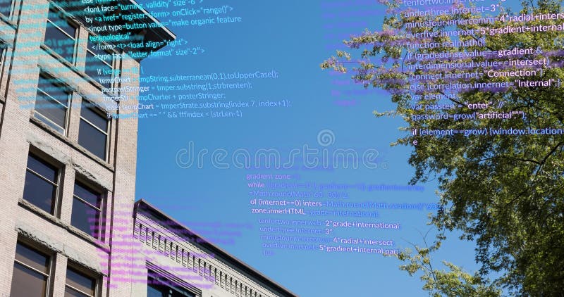 Image of data processing over building, tree and sky royalty free stock image