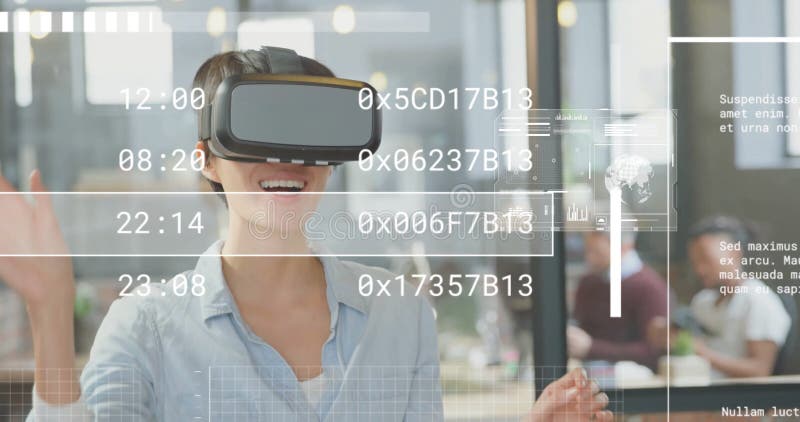 Image of data processing over caucasian businesswoman using vr headset stock photography