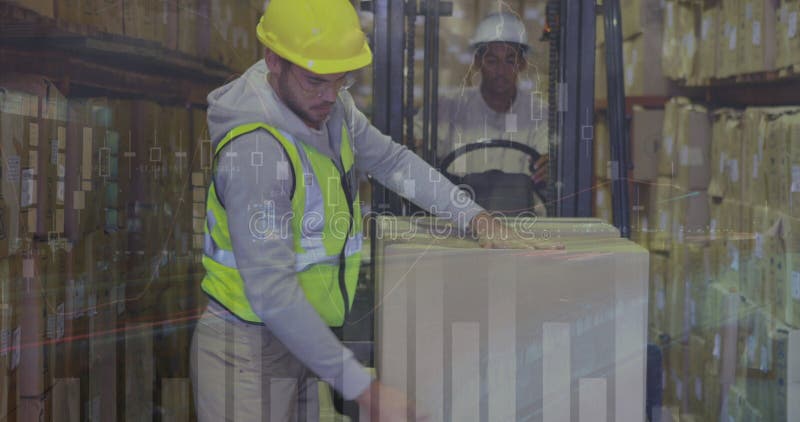 Image of data processing over caucasian male worker stacking delivery boxes on forklift vector illustration