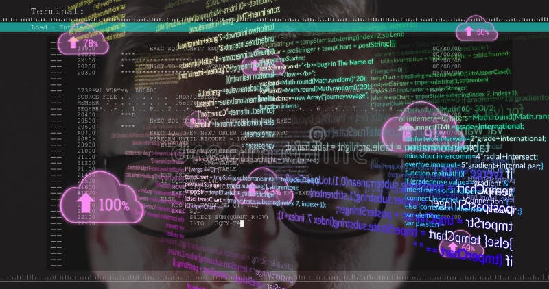 Image of data processing over caucasian man and clouds icons. global business and digital interface concept digitally generated image