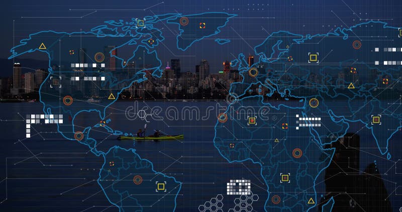 Imagine a procesării datelor prin oraș. conceptul de interfață globală pentru întreprinderi și digitală generat digital.