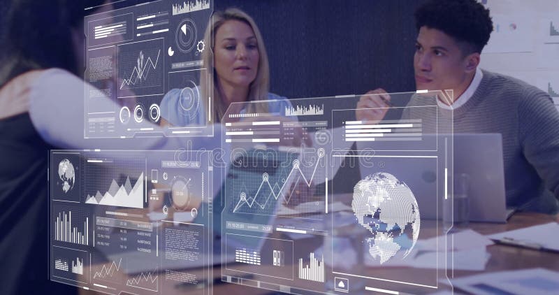 Image of data processing over diverse business people in office royalty free stock photo