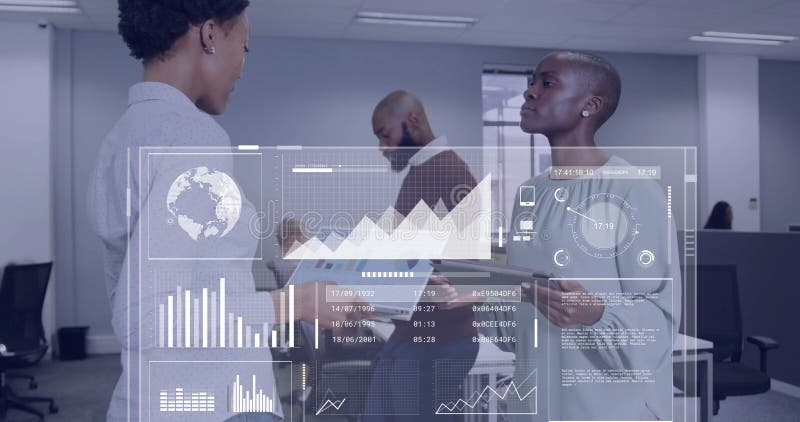 Image of data processing over diverse business people in office royalty free stock photography