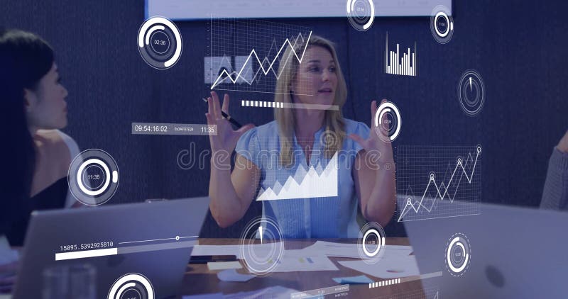 Image of data processing over diverse business people in office royalty free stock image