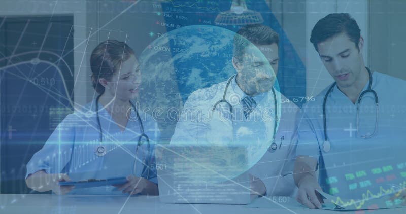 Image of data processing over diverse doctors stock photo