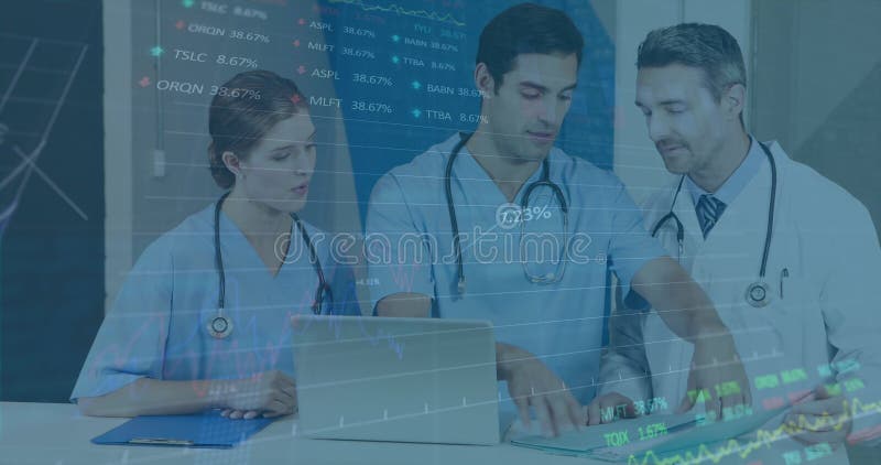 Image of data processing over diverse doctors stock photo