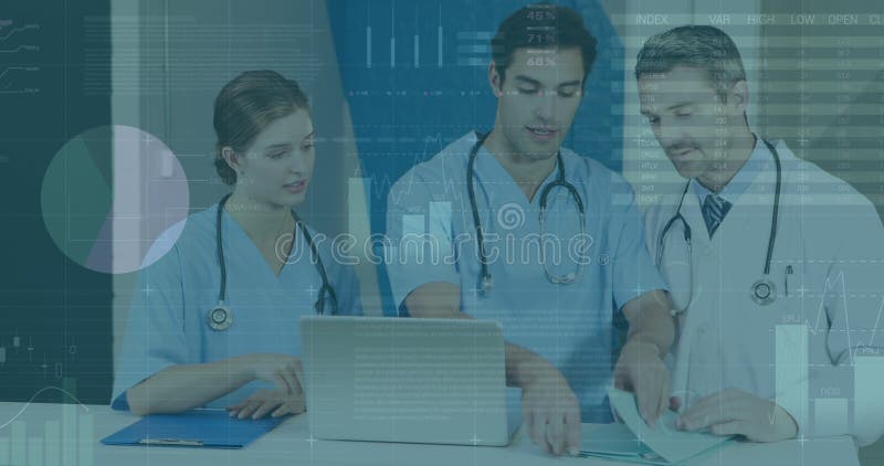 Image of data processing over diverse group of doctors. global medicine, technology, data processing and digital interface concept digitally generated image.