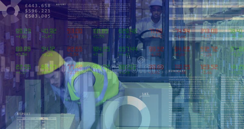 Image of data processing over diverse workers in warehouse vector illustration
