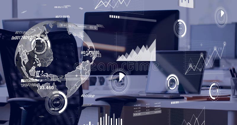 Image of data processing over electronic devices in office vector illustration