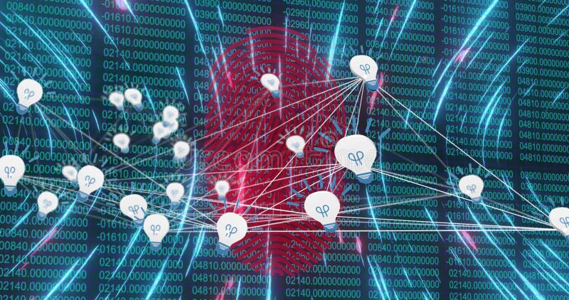 Image of data processing over fingerprint and lightbulb icons stock illustration