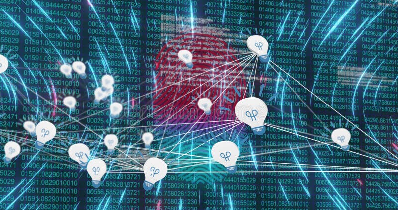 Image of data processing over fingerprint and lightbulb icons stock illustration