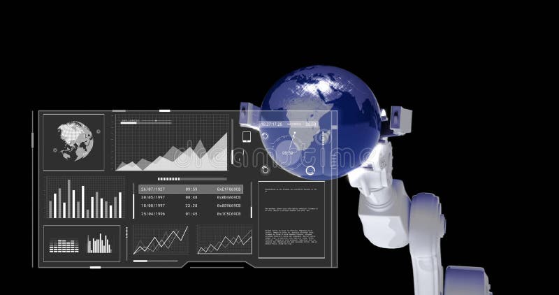 Image of data processing over robot\'s arm holding globe on black background stock images