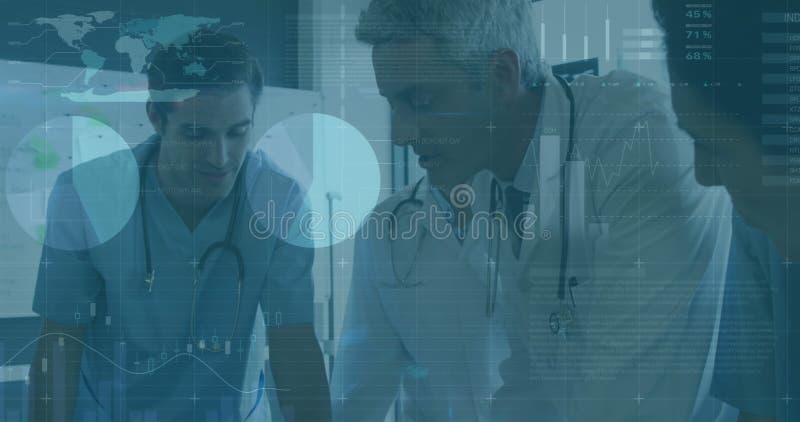 Image of data processing over team of diverse doctors and health workers discussing at hospital stock images