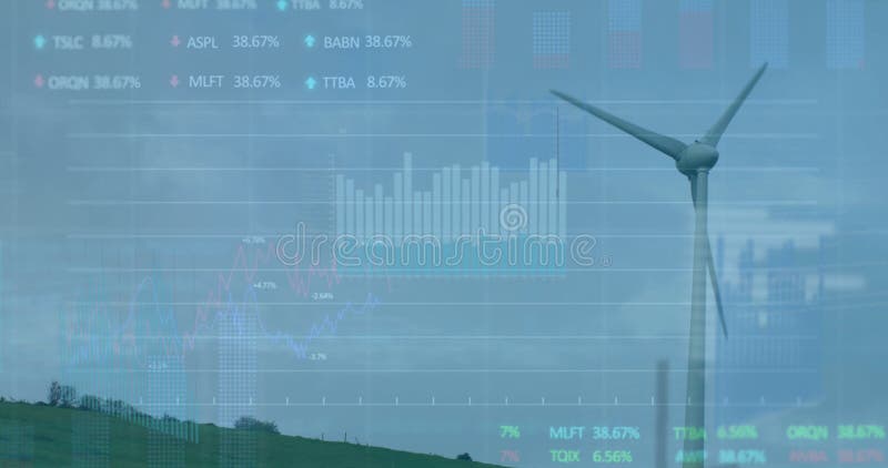 Image of data processing over wind turbine royalty free stock photography