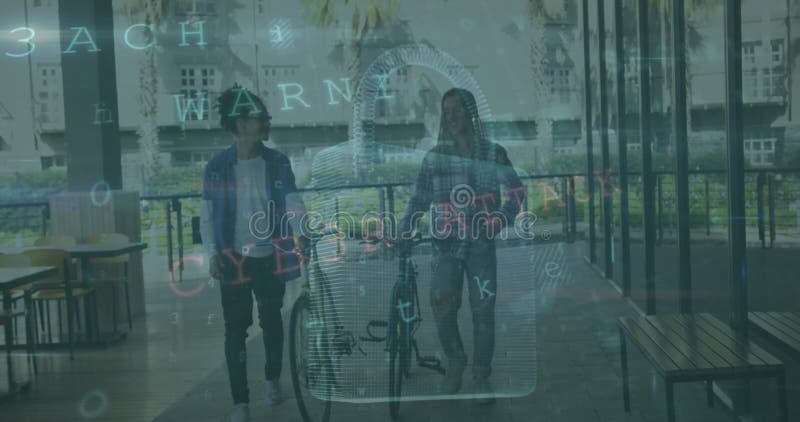Image of data processing with padlock icon over biracial male friends walking with bicycles stock photos