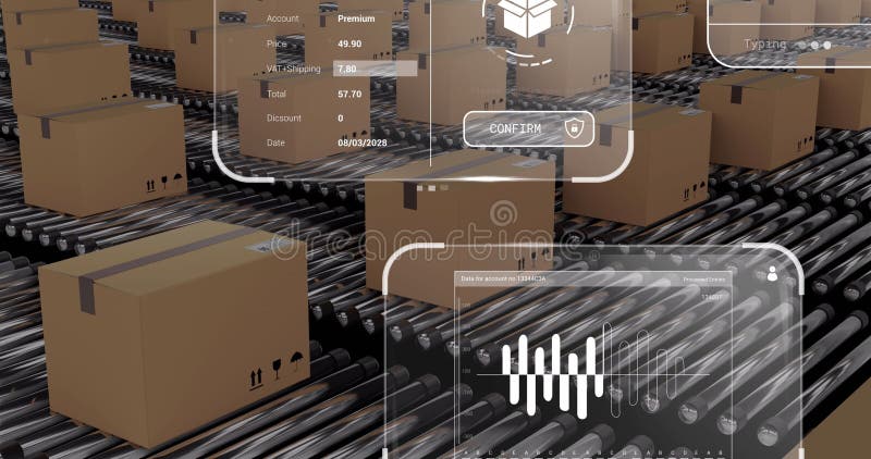 Image of data processing on screens over cardboard boxes on conveyor belts royalty free stock photography