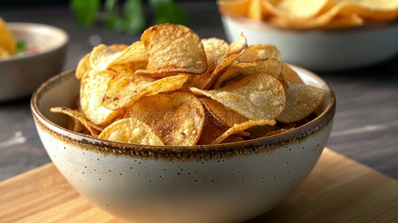 Image de chips une vue rapprochée de chips croustillants dorés empilés dans un bol. texture huileuse et forme uniforme illustration de vecteur