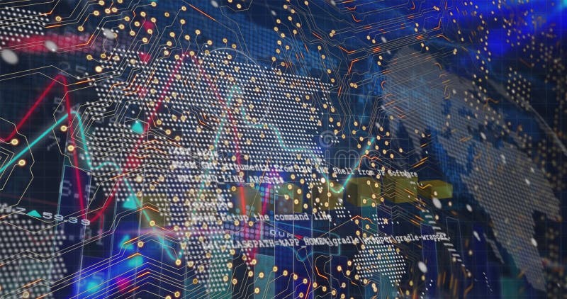 Image de feux d'artifice violets au-dessus d'une interface avec un tunnel numérique vert illustration de vecteur