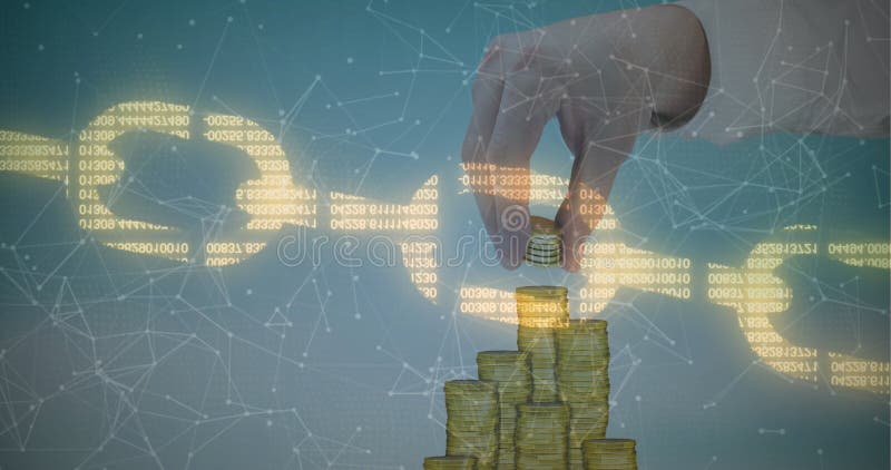 Image de numéros dans blockchain et points connectés sur caucasian homme rogné à la main pièces image stock