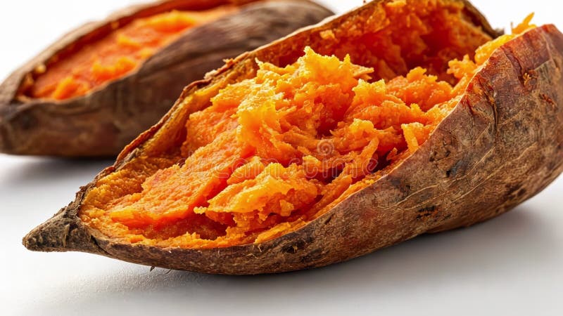 Image de patates douces vue rapprochée d'une patate douce cuite ouverte montrant son orange vif. les sucres naturels et illustration stock