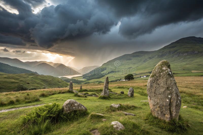 Ancient Stone Circle in Green Valley with Storm Clouds and Sunlight Over Hills and Lake royalty free illustration