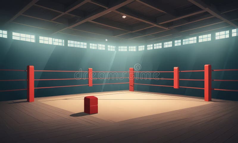 Boxing ring with red ropes and red referee stand is illuminated by bright spotlights, creating stark contrast vector illustration